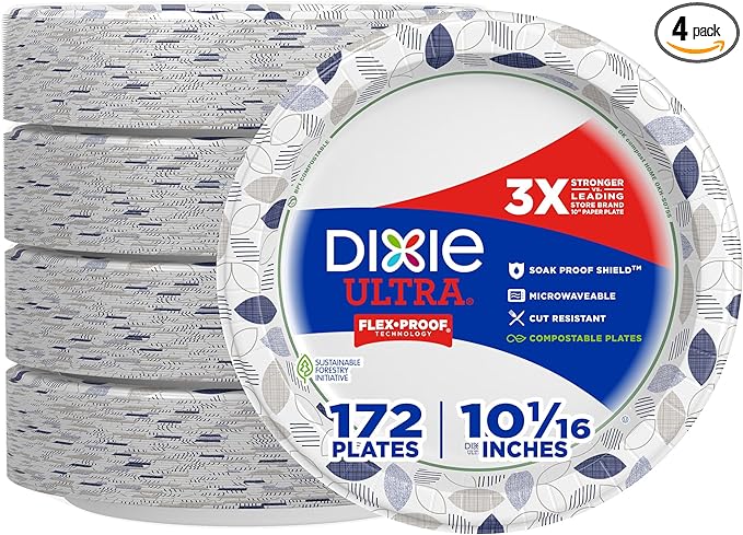 Dixie Ultra, Large Paper Plates, 10 Inch, 172 Count, 3X Stronger*, Heavy Duty, Microwave-Safe, Soak-Proof, Cut Resistant, Disposable Plates For Heavy, Messy Meals