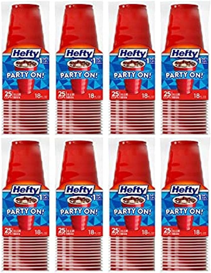 Hefty Party On Disposable Plastic Cups, Red, 18 Ounce, 25 Count (Pack of 8), 200 Total