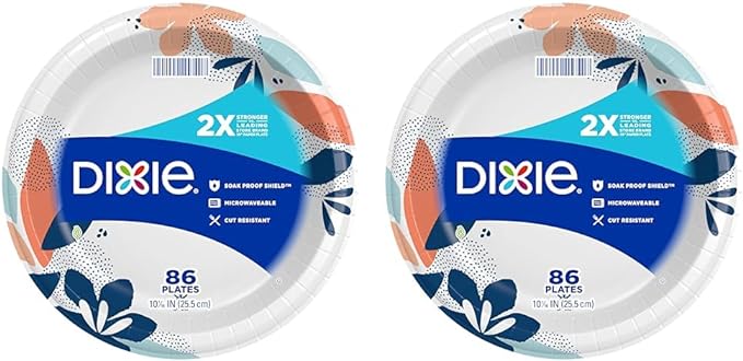 Dixie Large Paper Plates, 10 Inch, 86 Count, 2X Stronger*, Microwave-Safe, Soak-Proof, Cut Resistant, Great For Everyday Breakfast, Lunch, & Dinner Meals (Pack of 2)