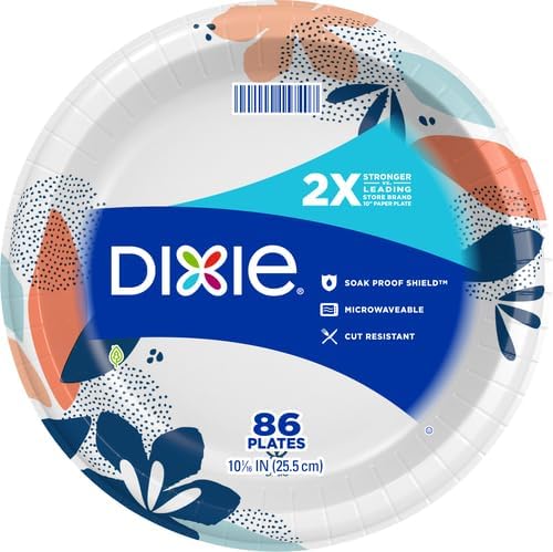 Dixie Large Paper Plates, 10 Inch, 86 Count, 2X Stronger*, Microwave-Safe, Soak-Proof, Cut Resistant, Great For Everyday Breakfast, Lunch, & Dinner Meals (Pack of 2)