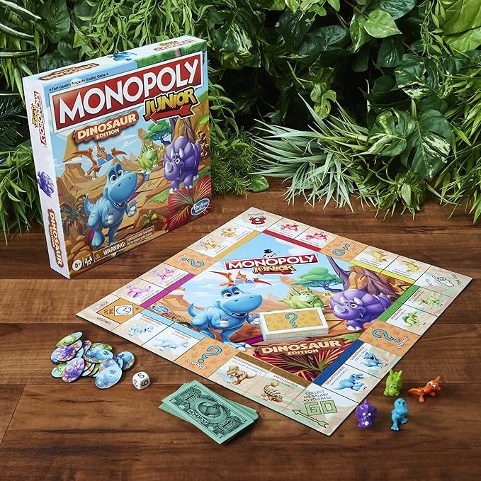 Hasbro Gaming Monopoly Junior Dinosaur Edition Board Game, 2-4 Players, with Dino-Themed Toy Tokens, Ages 5+