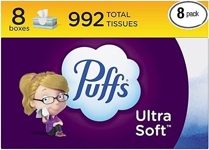 Puffs Ultra Soft Non-Lotion Facial Tissue, 8 Family Boxes, 124 Facial Tissues per Box