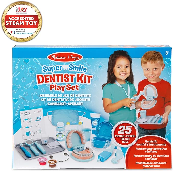 Melissa & Doug Super Smile Dentist Kit With Pretend Play Set of Teeth And Dental Accessories (25 Toy Pieces) - Pretend Dentist Play Set, Dentist Toy, Dentist Kit For Kids Ages 3+