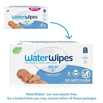 WaterWipes Plastic-Free Original Baby Wipes, 99.9% Water Based Wipes, Unscented & Hypoallergenic for Sensitive Skin, 540 Count (9 packs), Packaging May Vary