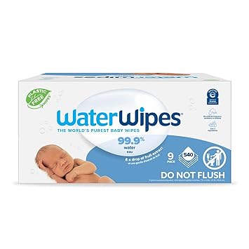 WaterWipes Plastic-Free Original Baby Wipes, 99.9% Water Based Wipes, Unscented & Hypoallergenic for Sensitive Skin, 540 Count (9 packs), Packaging May Vary