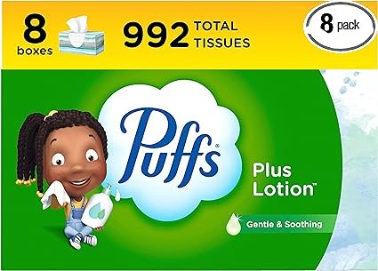 Puffs Plus Lotion Facial Tissues, 8 Family Boxes, 124 Facial Tissues per Box