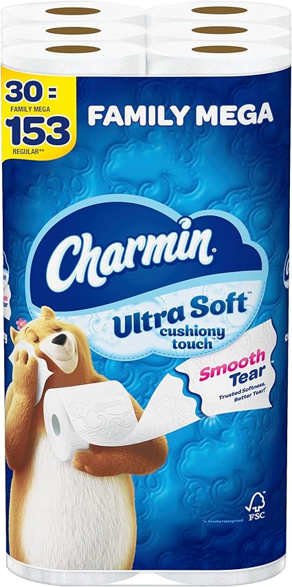 Charmin Ultra Strong Clean Touch Toilet Paper, 30 Family Mega Rolls = 153  Regular Rolls