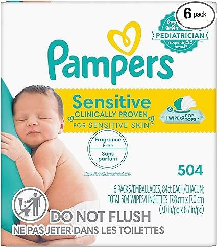 Pampers Sensitive Water Based Hypoallergenic and Unscented Baby Wipes, 504 count (Packaging May Vary)
