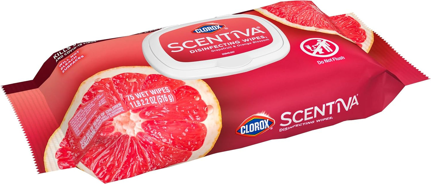 Clorox Scentiva Wipes, Bleach Free Cleaning Wipes, Household Essentials, Tahitian Grapefruit Splash, 75 Count (Pack of 3)