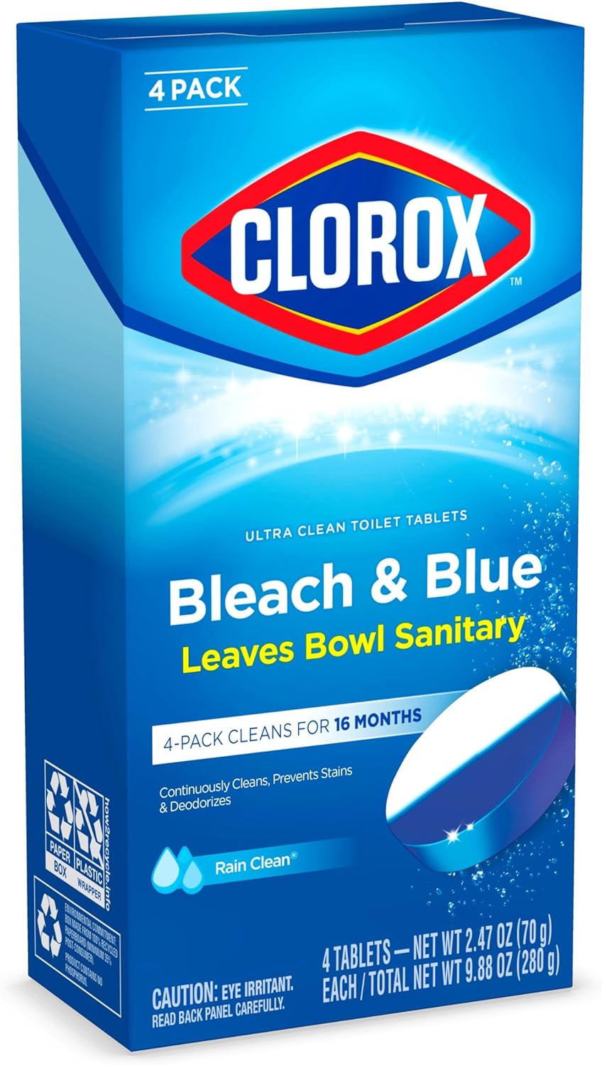 Clorox Ultra Clean Toilet Tablets Bleach & Blue, Rain Clean, 4 Ct (Package May Vary)
