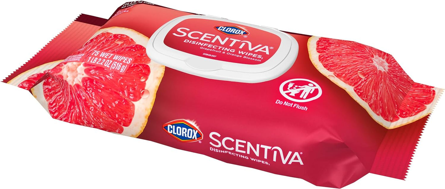 Clorox Scentiva Wipes, Bleach Free Cleaning Wipes, Household Essentials, Tahitian Grapefruit Splash, 75 Count (Pack of 3)
