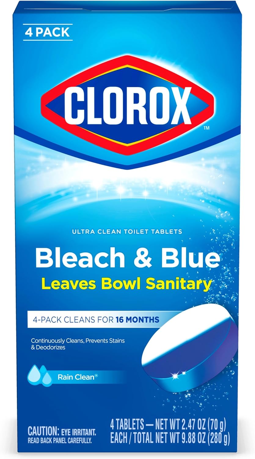 Clorox Ultra Clean Toilet Tablets Bleach & Blue, Rain Clean, 4 Ct (Package May Vary)