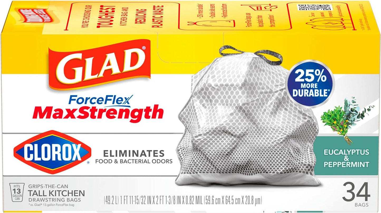 Glad ForceFlex MaxStrength with Clorox Tall Kitchen Drawstring Trash Bags, 13 Gallon Grey Trash Bags, Eucalyptus and Peppermint Scent, 90 Count