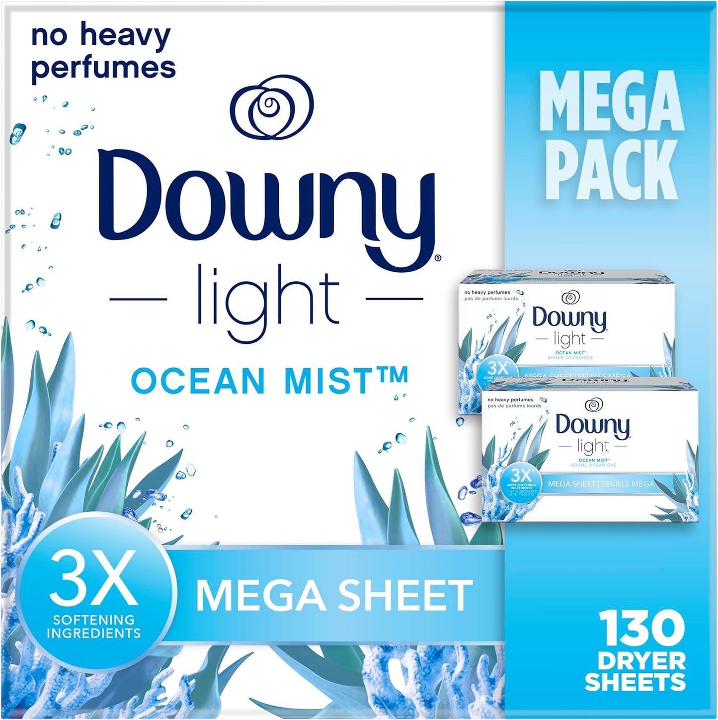 Downy Light Mega Dryer Sheets, Fabric Softener Dryer Sheets, Ocean Mist, 180 Count