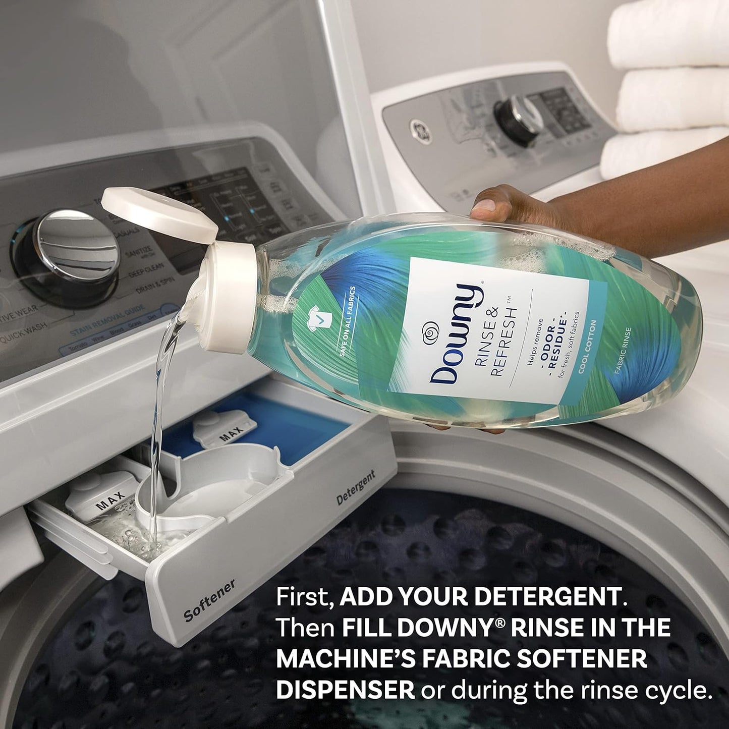 Downy RINSE & REFRESH Laundry Odor Remover and Fabric Softener, Cool Cotton, 48 fl oz, Safe on ALL Fabrics, Gentle on Skin, HE Compatible