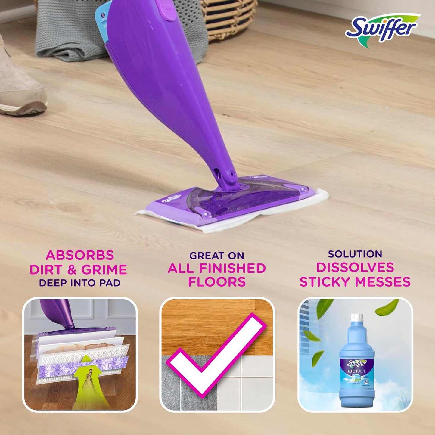 Swiffer WetJet Hardwood and Floor Spray Mop Cleaner Starter Kit, Includes: 1 Power Mop, 10 Pads, Cleaning Solution, Batteries