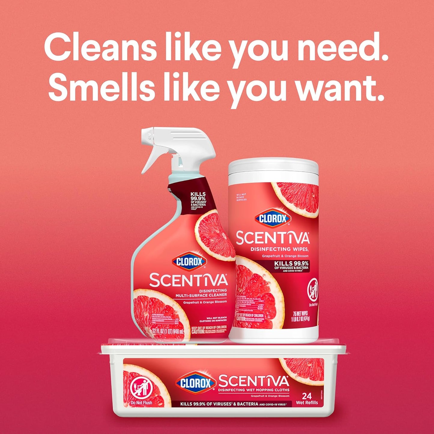 Clorox Scentiva Wipes, Bleach Free Cleaning Wipes, Household Essentials, Tahitian Grapefruit Splash, 75 Count (Pack of 3)
