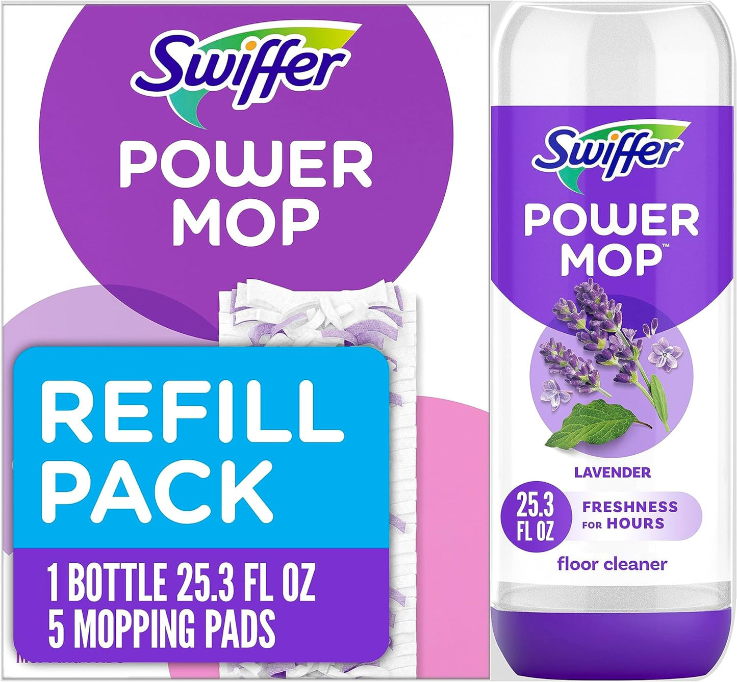 Swiffer PowerMop Multi-Surface Refill Pack for Floor Cleaning, Includes 5 Mopping Pad Refills, 1 Cleaning Solution with Lavender Scent