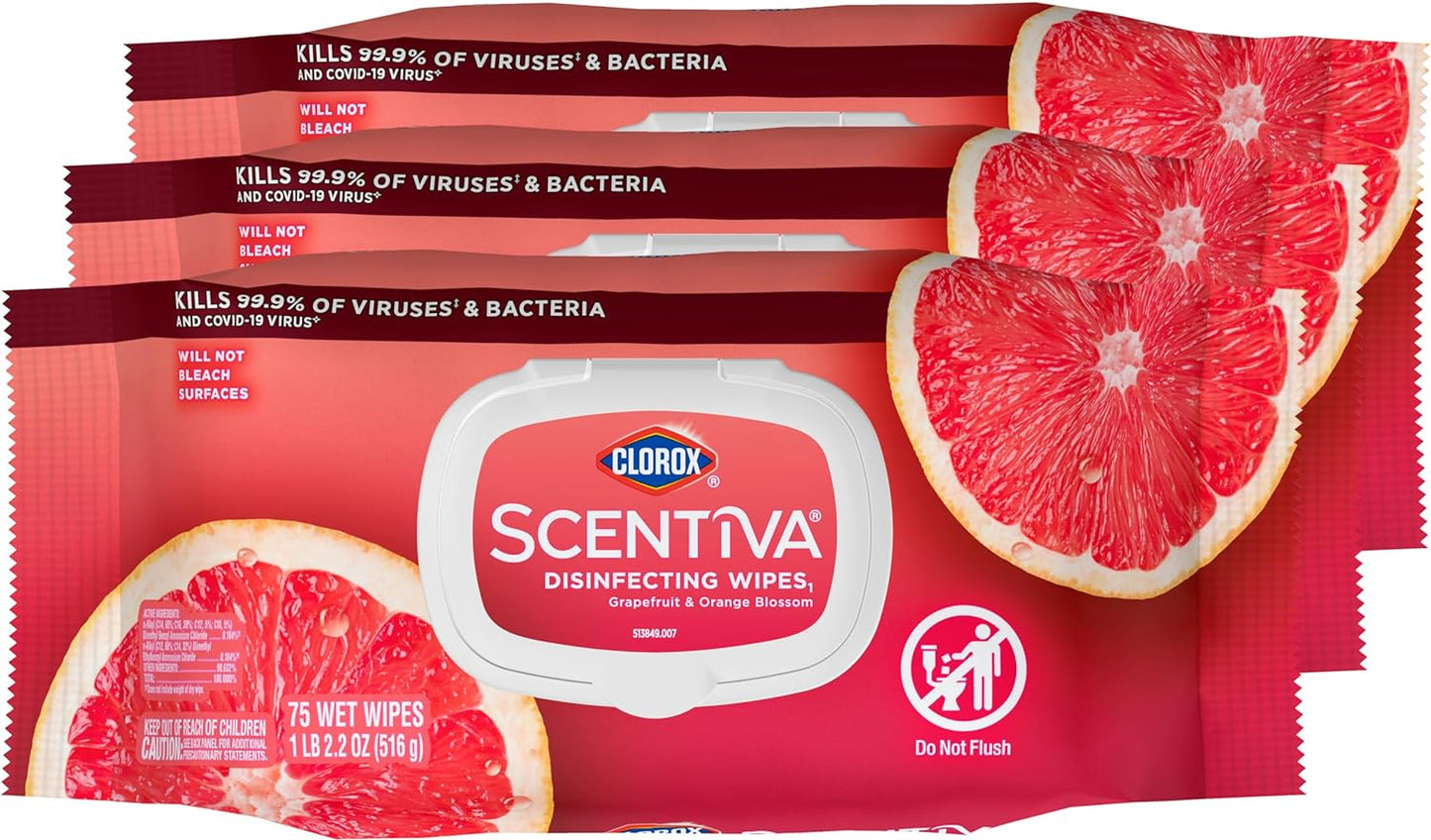 Clorox Scentiva Wipes, Bleach Free Cleaning Wipes, Household Essentials, Tahitian Grapefruit Splash, 75 Count (Pack of 3)