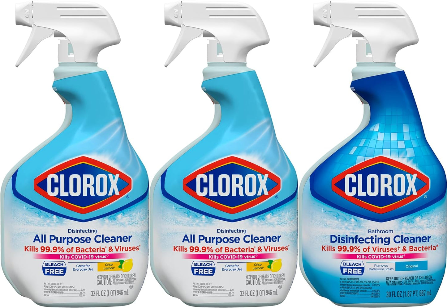 Clorox Disinfecting All-Purpose Cleaner 32 Oz and Disinfecting Bathroom Cleaner, Household Essentials, 30 Oz, Pack of 3