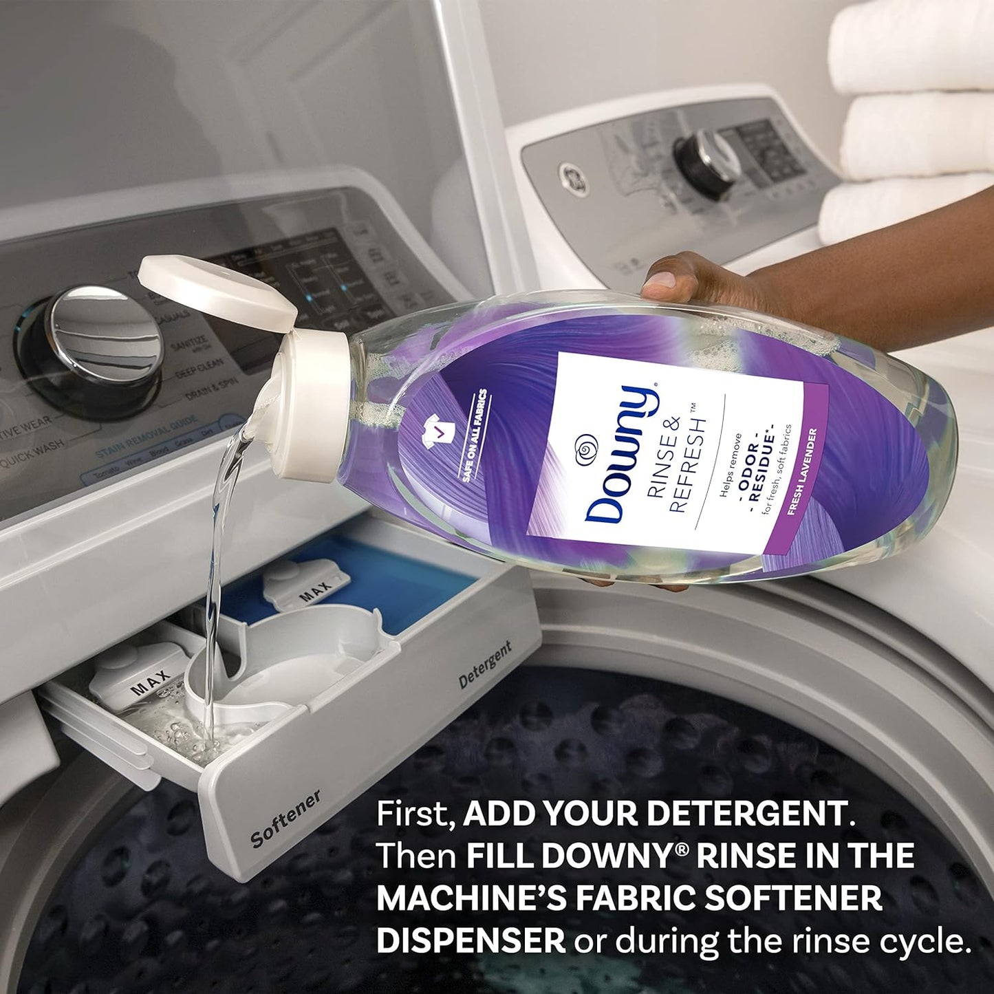 Downy RINSE & REFRESH Laundry Odor Remover and Fabric Softener, Cool Cotton, 48 fl oz, Safe on ALL Fabrics, Gentle on Skin, HE Compatible