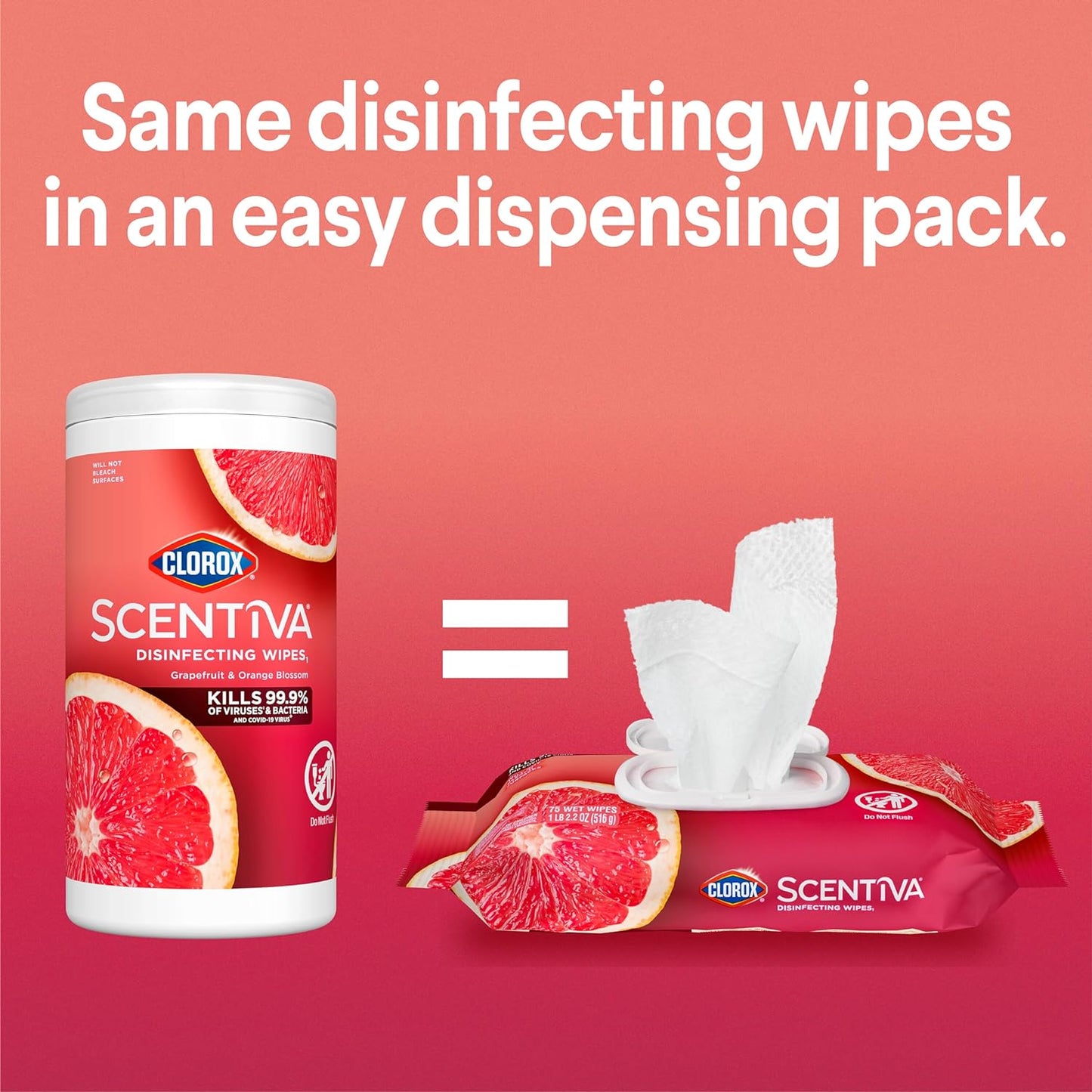 Clorox Scentiva Wipes, Bleach Free Cleaning Wipes, Household Essentials, Tahitian Grapefruit Splash, 75 Count (Pack of 3)
