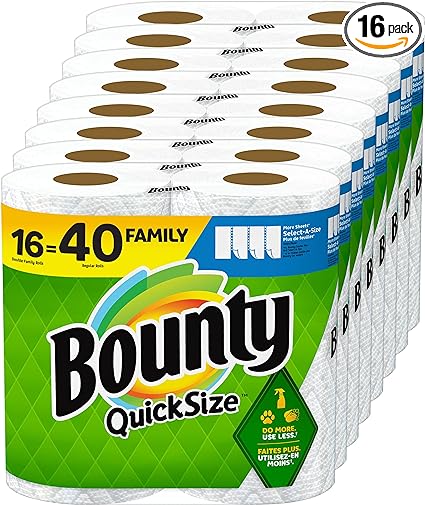 Bounty Quick-Size Paper Towels, White, 16 Family Rolls = 40 Regular Rolls