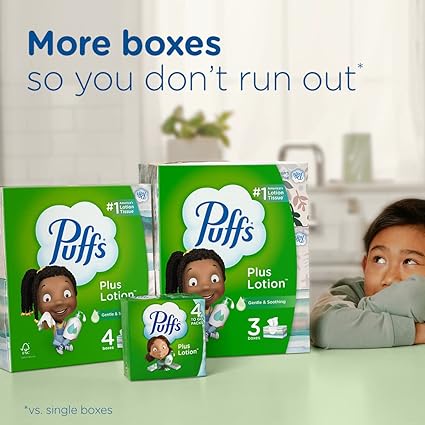 Puffs Plus Lotion Facial Tissue, 4 Cube Boxes, 56 Tissues Per Box