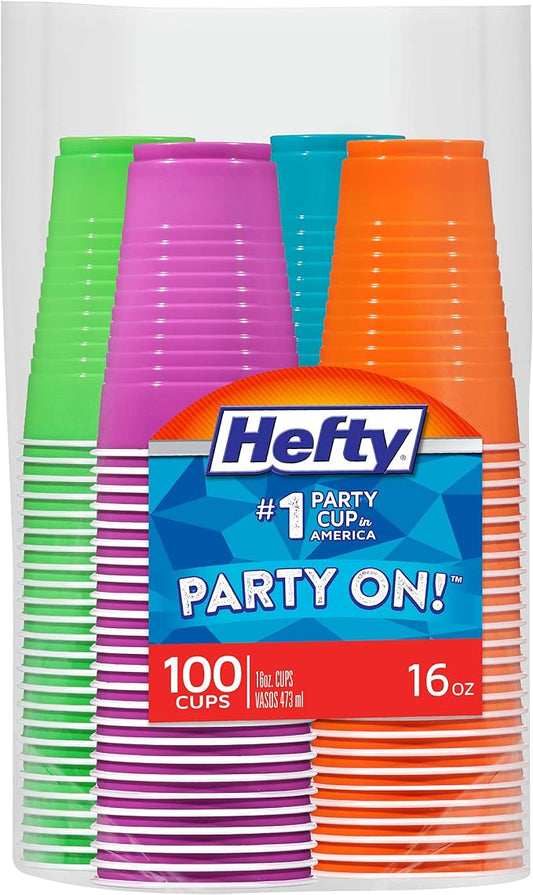 Hefty Party On Disposable Plastic Cups, Assorted, 16 Ounce, 100 Count (Pack of 4), 400 Total