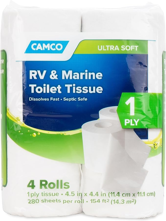 Camco Camper/RV Toilet Paper | Sewer-Safe, Septic-Safe & Biodegradable | Designed for Camper, Trailer & Marine Sanitation Systems | 1-Ply Tissue | 4 Toilet Paper Rolls – 280 Sheets per Roll (40275)