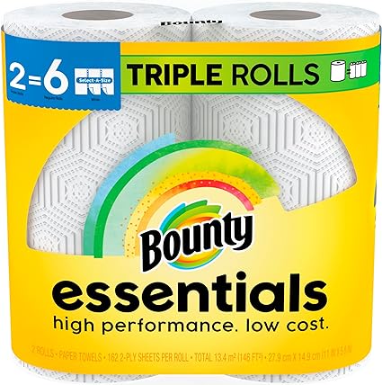 Bounty Essentials Select-A-Size Paper Towels, White, 2 Triple Rolls = 6 Regular Rolls