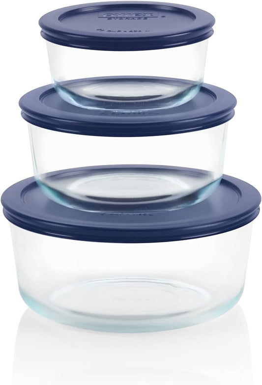 Pyrex Simply Store 6-Pc Glass Food Storage Set with BPA-Free Lids, 7-Cup to 2-Cup Round Containers, Dishwasher, Microwave & Freezer Safe, Blue