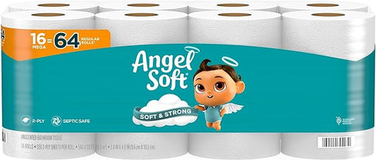 Angel Soft Toilet Paper, 16 Mega Rolls = 64 Regular Rolls, Soft and Strong Toilet Tissue