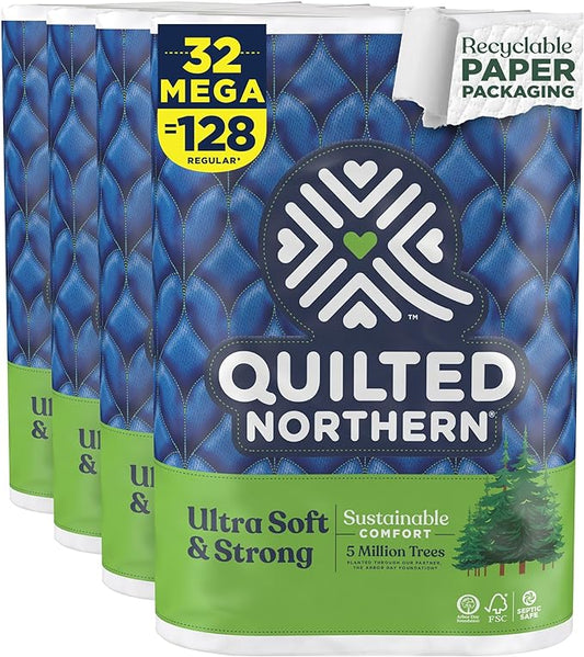 Quilted Northern Ultra Soft & Strong Toilet Paper, 32 Mega Rolls = 128 Regular Rolls, 5X Stronger*, Premium Soft Toilet Tissue with Recyclable Paper Packaging