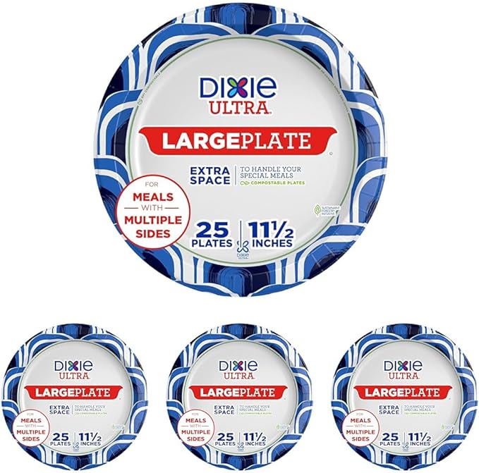 Dixie Ultra, Large Paper Plates, 11 Inch, 25 Count, 3X Stronger*, Heavy Duty, Microwave-Safe, Soak-Proof, Cut Resistant, Great for Heavy, Messy Meals (Pack of 4)