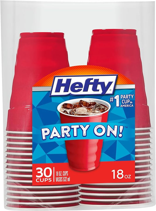 Hefty Party On Disposable Plastic Cups, Red, 18 Ounce, 30 Count