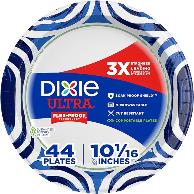 Dixie Ultra, Large Paper Plates, 10 Inch, 44 Count, 3X Stronger*, Heavy Duty, Microwave-Safe, Soak-Proof, Cut Resistant, Disposable Plates For Heavy, Messy Meals