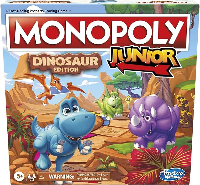 Hasbro Gaming Monopoly Junior Dinosaur Edition Board Game, 2-4 Players, with Dino-Themed Toy Tokens, Ages 5+