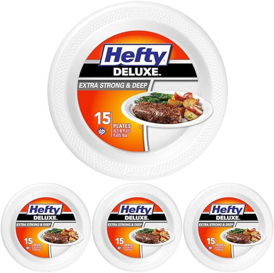 Hefty Deluxe Extra Strong & Deep Foam Plates, Round, White, 10.25 Inch, 15 Count (Pack of 4)