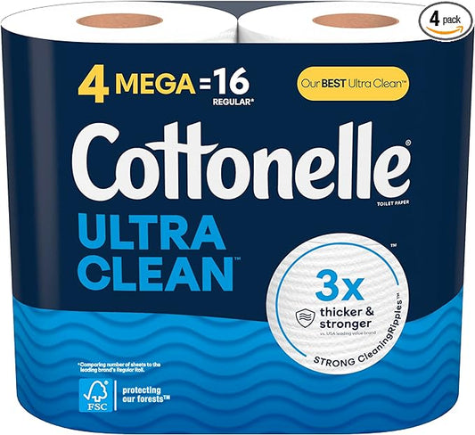 Cottonelle Ultra Clean Toilet Paper, 4 Mega Rolls (4 Mega Rolls = 16 Regular Rolls), 284 Sheets Per Roll (Packaging May Vary)