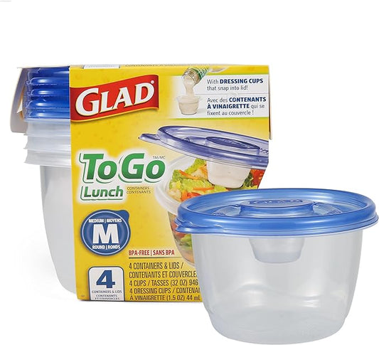 Gladware Lockware To Go Food Storage Containers | Glad Medium Size Round Food Storage That Holds up to 32 Ounces of Food, Solids, or Liquids | 32 oz Containers, 4 Count Set