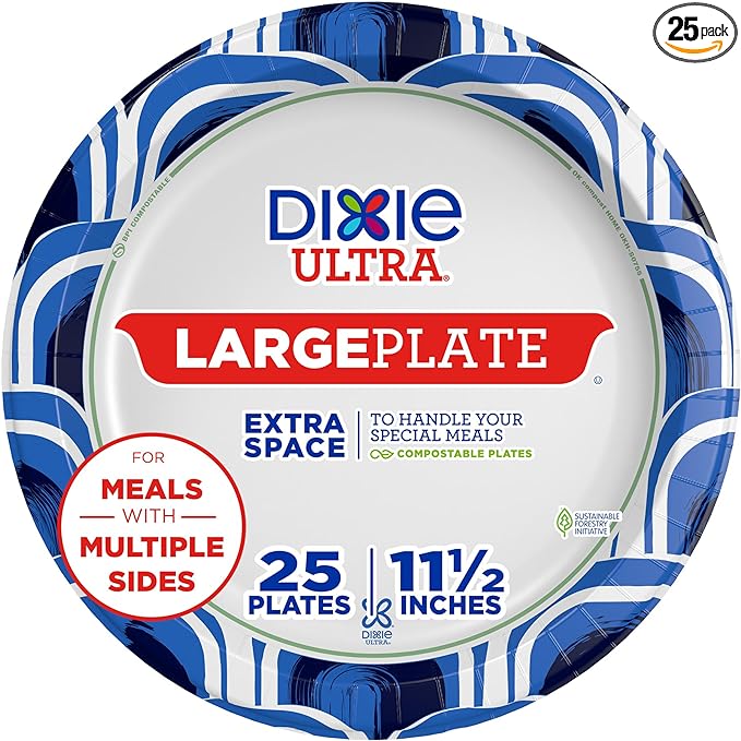 Dixie Ultra, Large Paper Plates, 11 Inch, 25 Count, 3X Stronger*, Heavy Duty, Microwave-Safe, Soak-Proof, Cut Resistant, Great for Heavy, Messy Meals