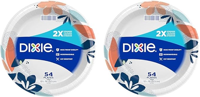 Dixie Paper Plates, 10 1/16 inch, Dinner Size Printed Disposable Plate, 54 Count (2 Pack of 54 Plates), Packaging and Design May Vary