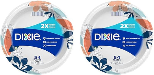 Dixie Paper Plates, 10 1/16 inch, Dinner Size Printed Disposable Plate, 54 Count (2 Pack of 54 Plates), Packaging and Design May Vary
