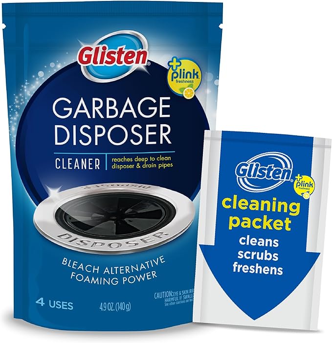 Glisten Garbage Disposer Cleaner and Freshener, Sink Disposal Odor Eliminator with Foaming Action, Lemon Scent, 4 Packets