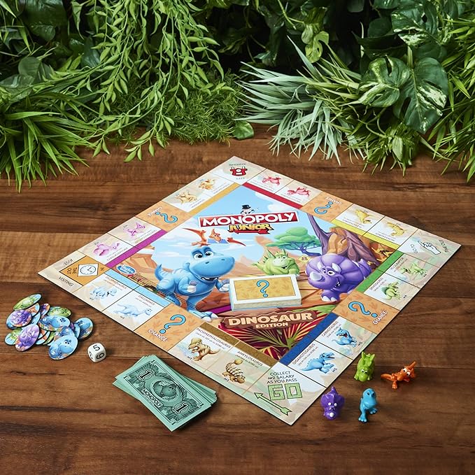 Hasbro Gaming Monopoly Junior Dinosaur Edition Board Game, 2-4 Players, with Dino-Themed Toy Tokens, Ages 5+
