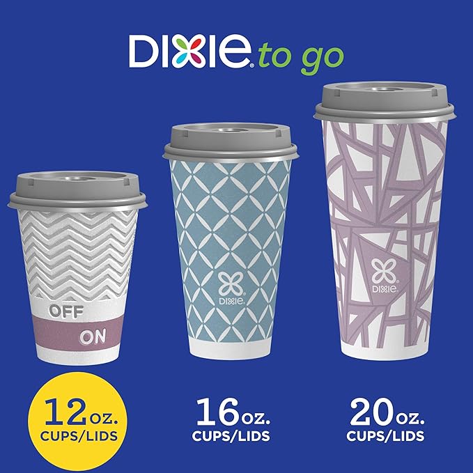 Dixie to Go Disposable Hot Beverage Paper Coffee Cups with Lids, 12 Oz, 156 Count, Assorted Designs