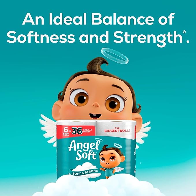 Angel Soft Toilet Paper, 24 Super Mega Rolls = 144 Regular Rolls, Soft and Strong Toilet Tissue