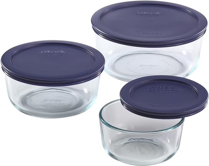 Pyrex Simply Store 6-Pc Glass Food Storage Set with BPA-Free Lids, 7-Cup to 2-Cup Round Containers, Dishwasher, Microwave & Freezer Safe, Blue