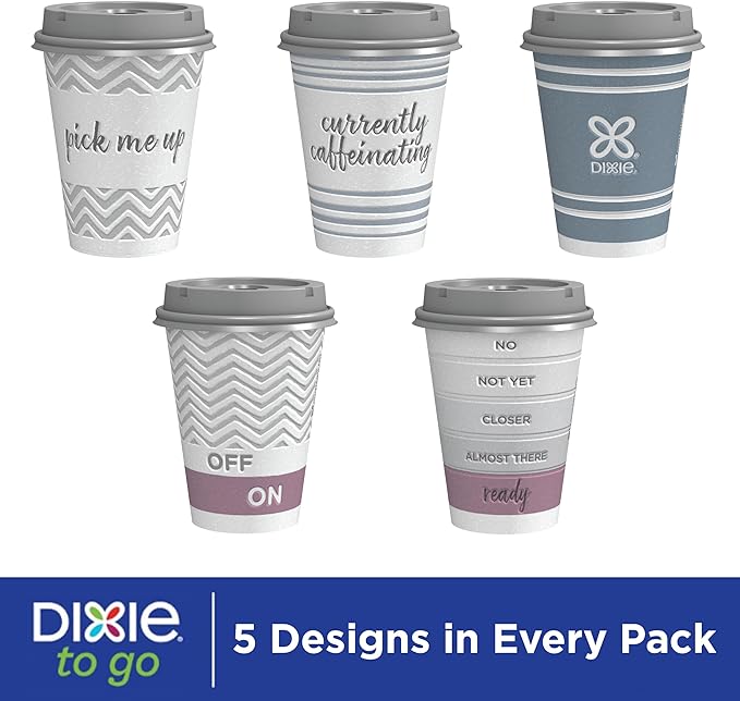 Dixie To Go Coffee Cups and Lids, Assorted Designs, Disposable Hot Beverage Cups & Lids (14 Count), Variety Pack (Pack of 2)